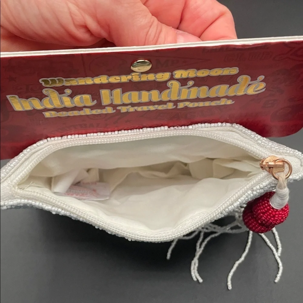 Wandering Moon Red Football Beaded Travel Pouch Coin Purse Handmade in India